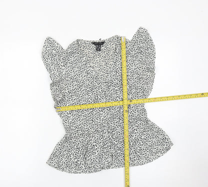 New Look Womens White Floral Ruffle Blouse Size 10 Sleeveless V-Neck