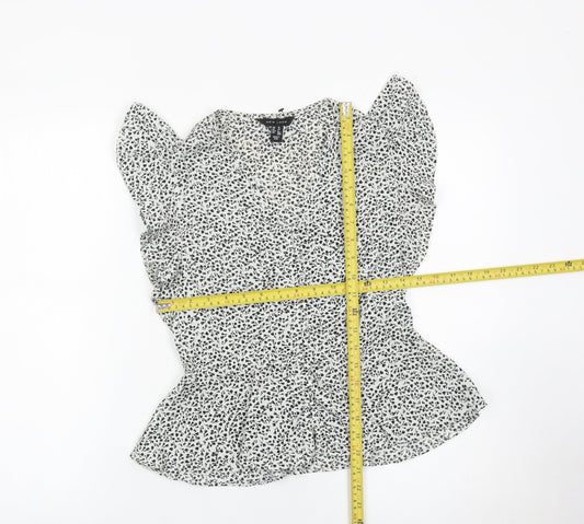 New Look Womens White Floral Ruffle Blouse Size 10 Sleeveless V-Neck