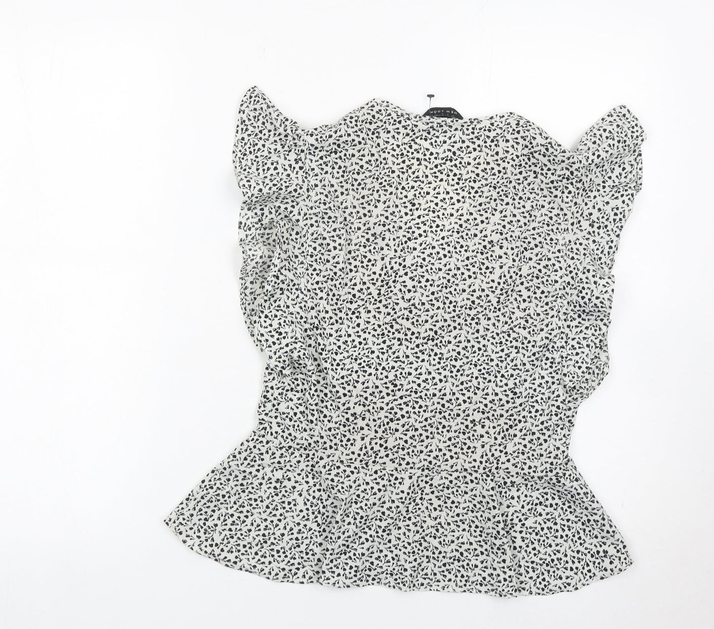 New Look Womens White Floral Ruffle Blouse Size 10 Sleeveless V-Neck