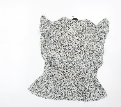 New Look Womens White Floral Ruffle Blouse Size 10 Sleeveless V-Neck