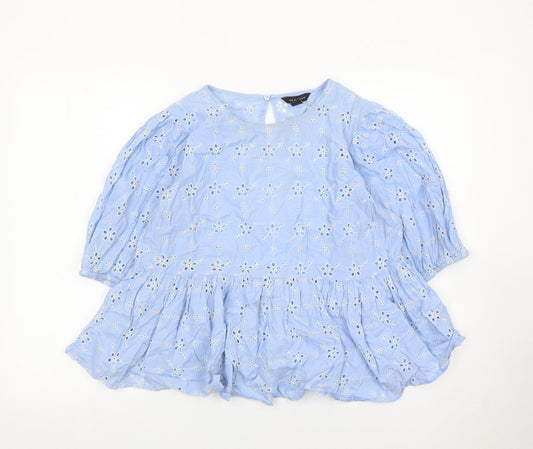 New Look Womens Blue Embroidered Tunic Blouse UK16 Puff Sleeve