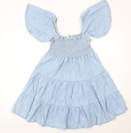 Primark Women’s Blue Cotton Skater Dress Size 10 Flutter Sleeve