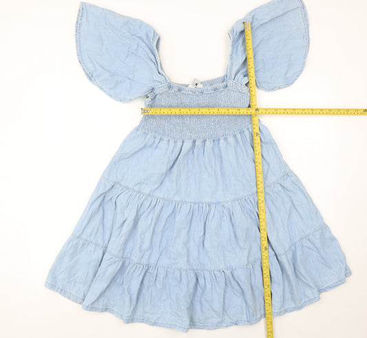 Primark Women’s Blue Cotton Skater Dress Size 10 Flutter Sleeve