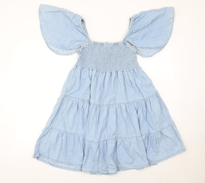 Primark Women’s Blue Cotton Skater Dress Size 10 Flutter Sleeve
