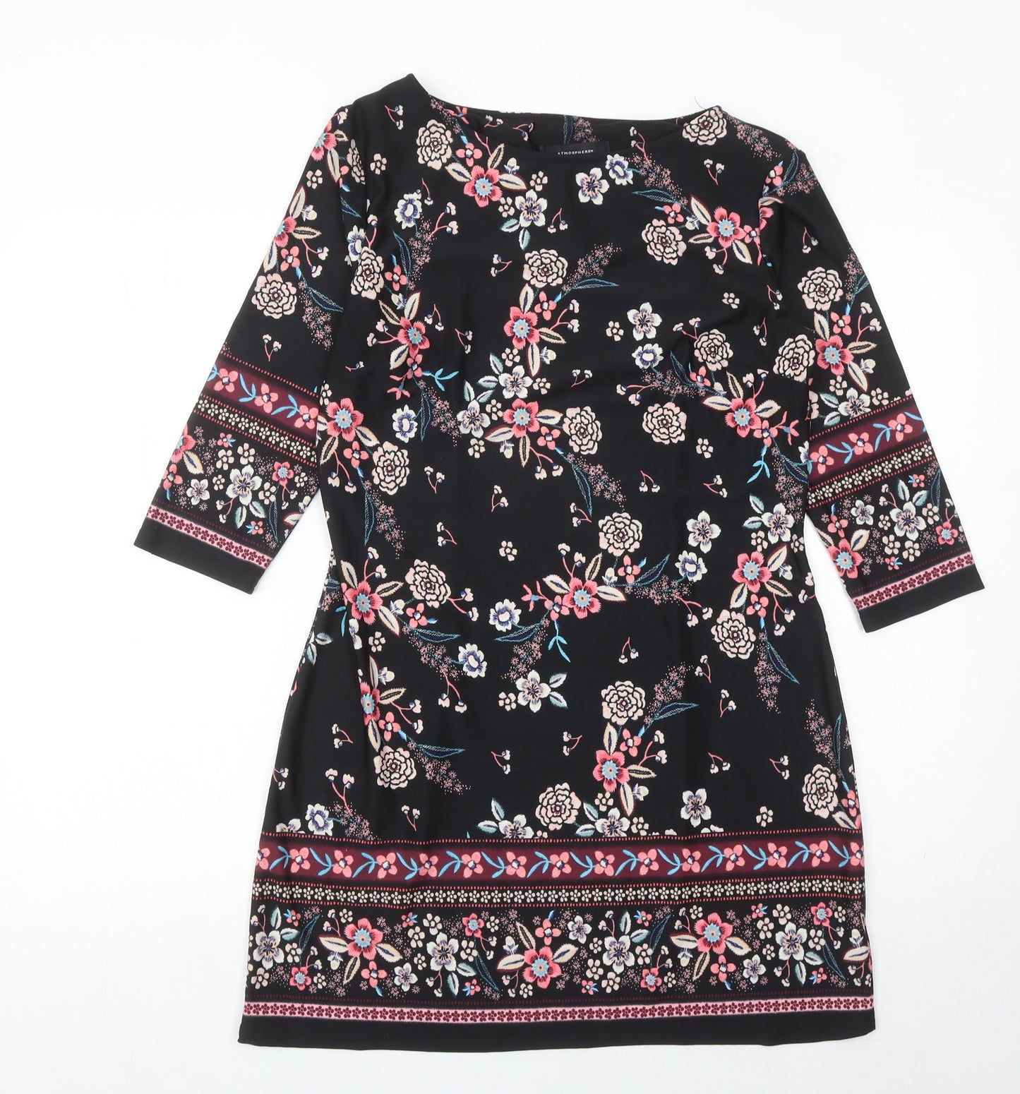 Atmosphere Womens Black Floral Shift Dress Size 12 Knee Length 3/4 Sleeve
