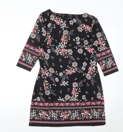 Atmosphere Womens Black Floral Shift Dress Size 12 Knee Length 3/4 Sleeve