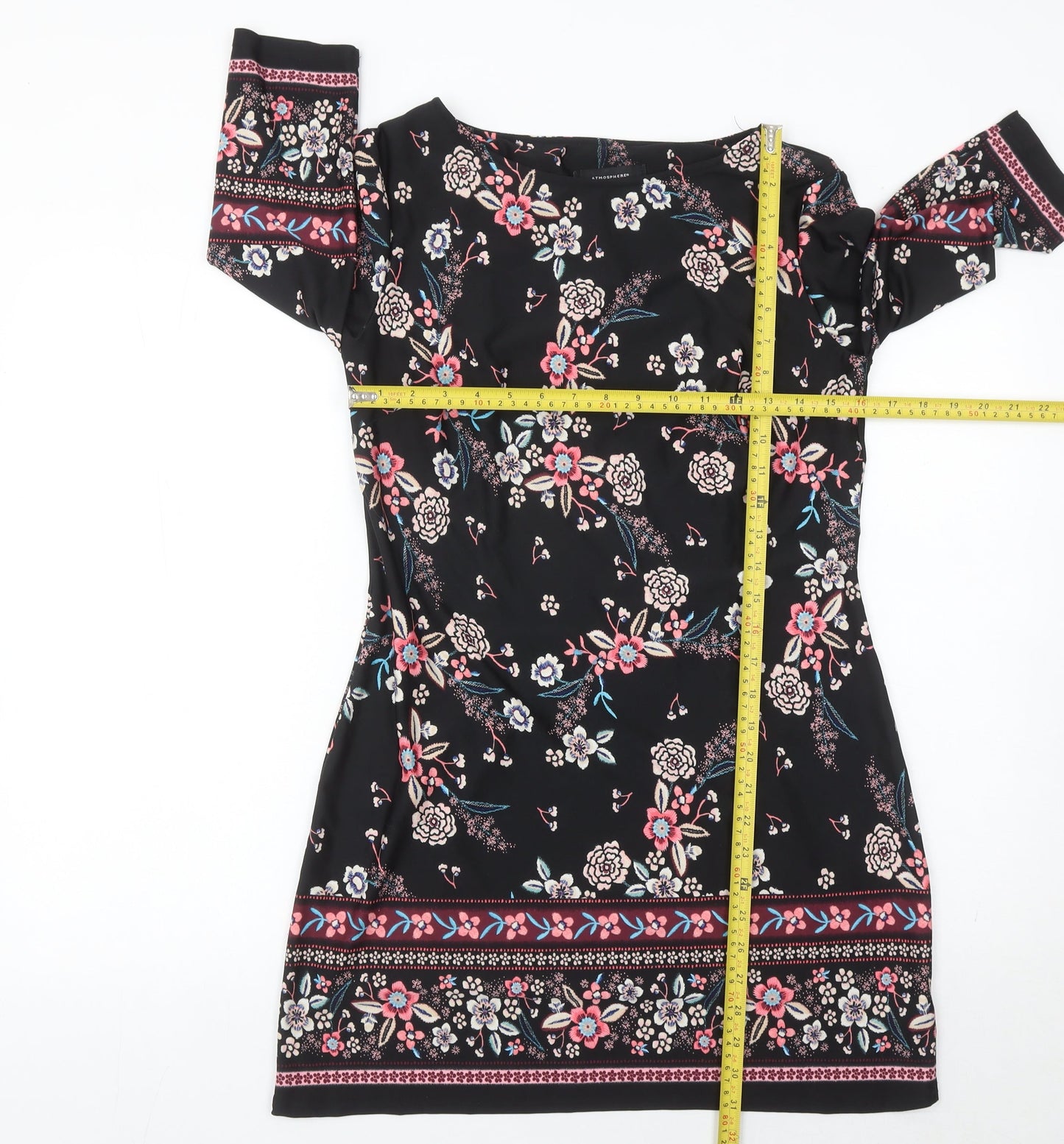 Atmosphere Womens Black Floral Shift Dress Size 12 Knee Length 3/4 Sleeve