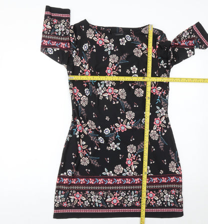 Atmosphere Womens Black Floral Shift Dress Size 12 Knee Length 3/4 Sleeve