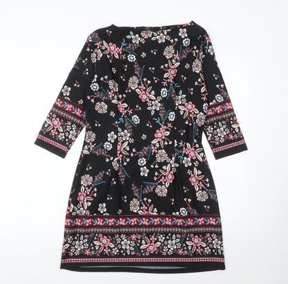Atmosphere Womens Black Floral Shift Dress Size 12 Knee Length 3/4 Sleeve