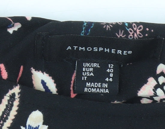 Atmosphere Womens Black Floral Shift Dress Size 12 Knee Length 3/4 Sleeve