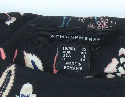 Atmosphere Womens Black Floral Shift Dress Size 12 Knee Length 3/4 Sleeve