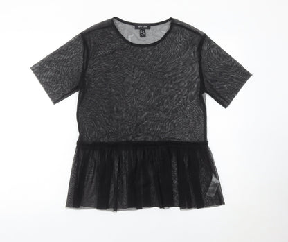 New Look Womens Black Size 8 Mesh Ruffle Hem Tunic Blouse