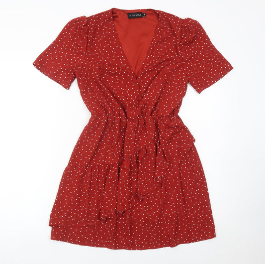 In The Style Women’s Red Polka Dot Wrap Dress Size 6 Short Sleeve Ruffle