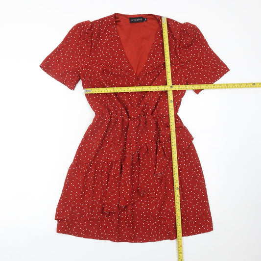 In The Style Women’s Red Polka Dot Wrap Dress Size 6 Short Sleeve Ruffle