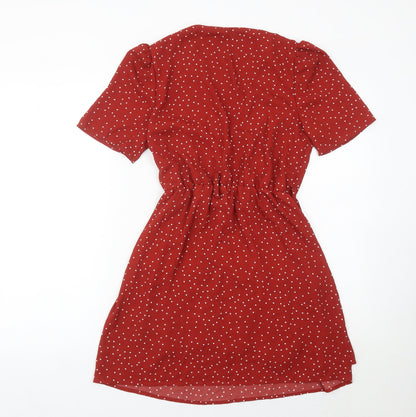 In The Style Women’s Red Polka Dot Wrap Dress Size 6 Short Sleeve Ruffle