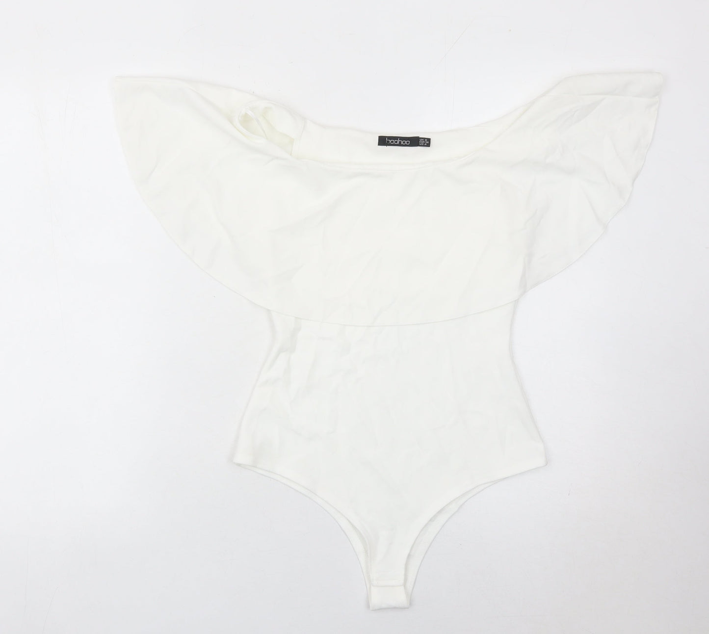 Boohoo Womens White Off Shoulder Ruffle Bodysuit Size 8