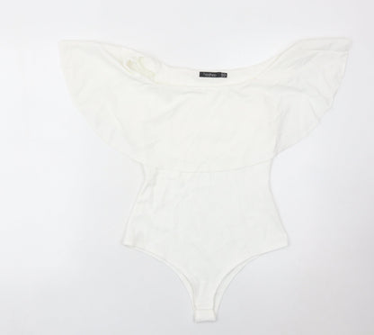 Boohoo Womens White Off Shoulder Ruffle Bodysuit Size 8