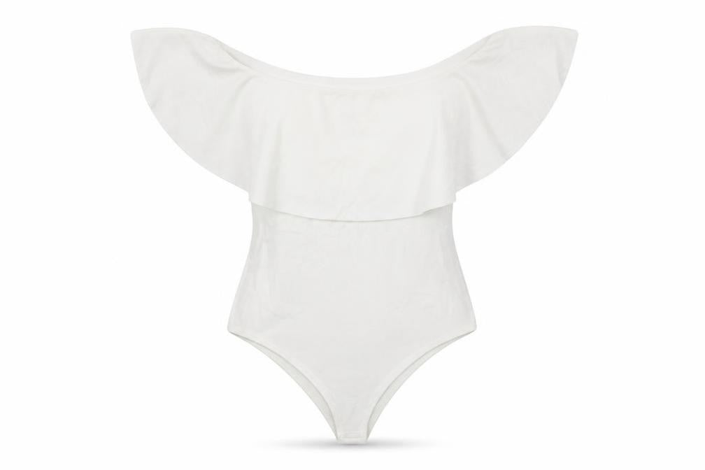 Boohoo Womens White Off Shoulder Ruffle Bodysuit Size 8