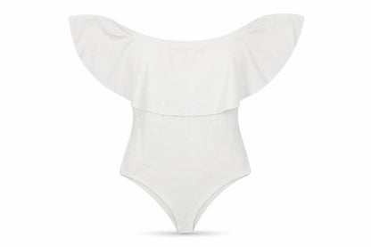 Boohoo Womens White Off Shoulder Ruffle Bodysuit Size 8