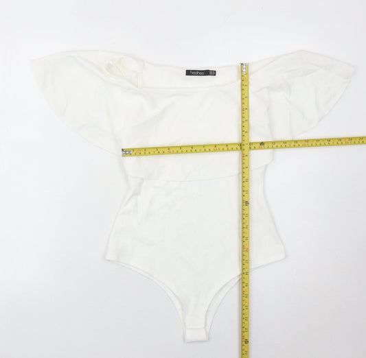 Boohoo Womens White Off Shoulder Ruffle Bodysuit Size 8