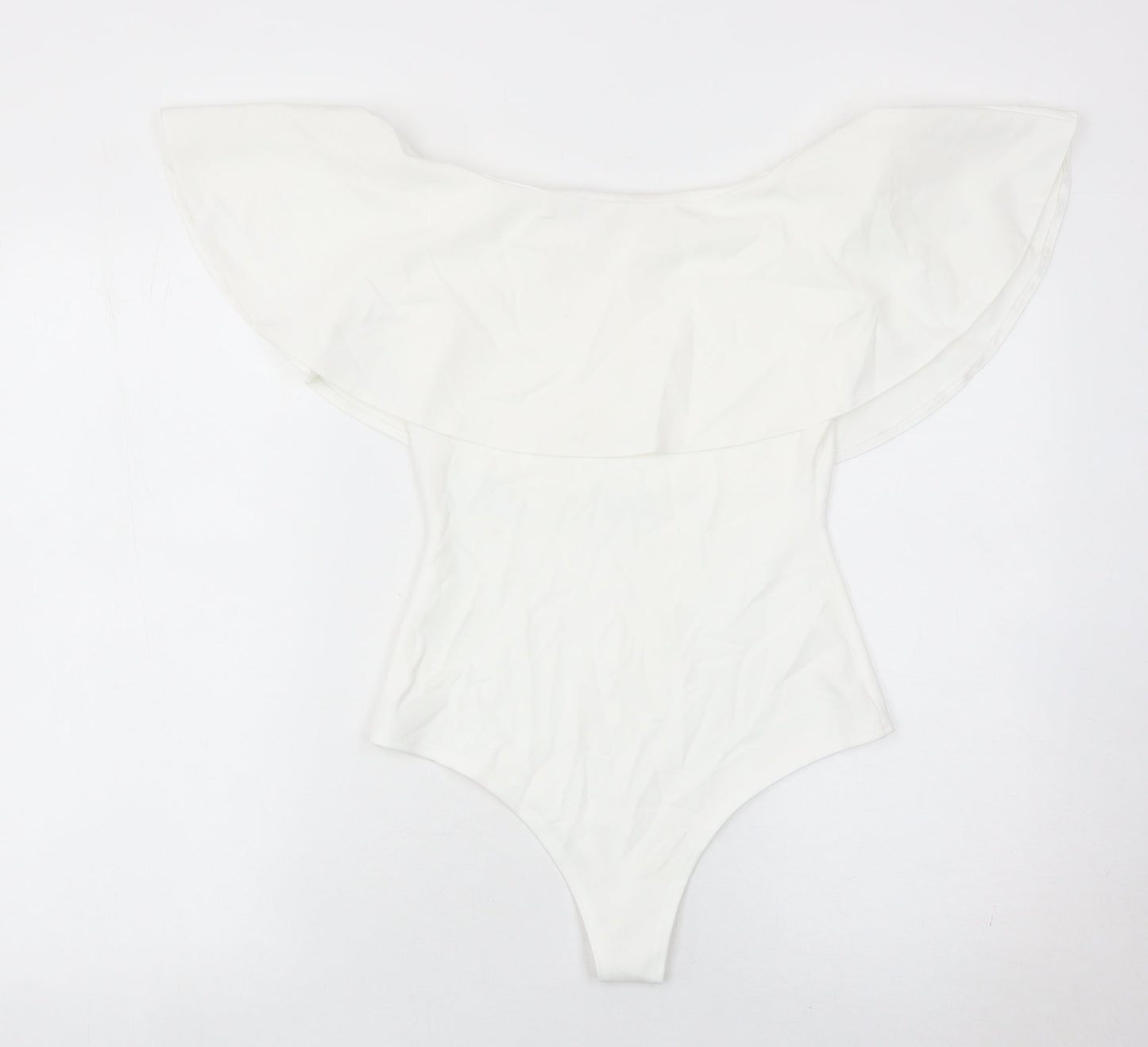 Boohoo Womens White Off Shoulder Ruffle Bodysuit Size 8