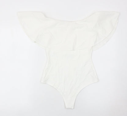 Boohoo Womens White Off Shoulder Ruffle Bodysuit Size 8