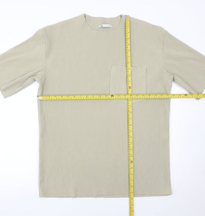 Zara Men’s Beige Ribbed Crew Neck T-Shirt Size M Regular Fit