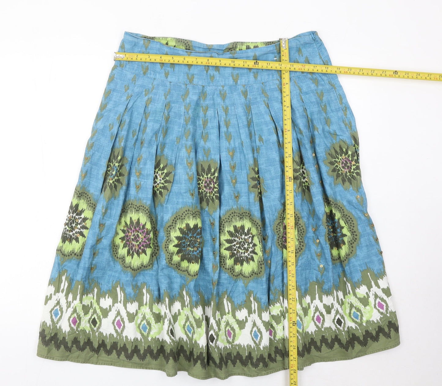 TU Women’s Blue Green Floral Pleated Cotton Skirt Size 14