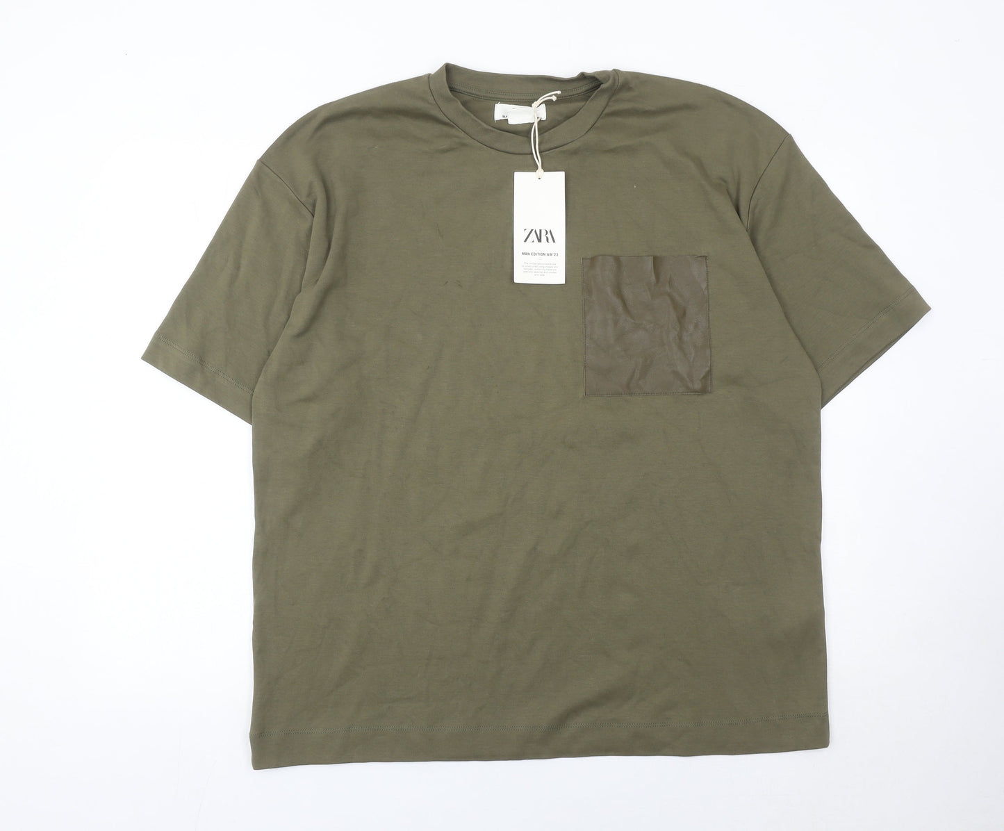 Zara Men Green XL Cotton Crew Neck Short Sleeve T-Shirt
