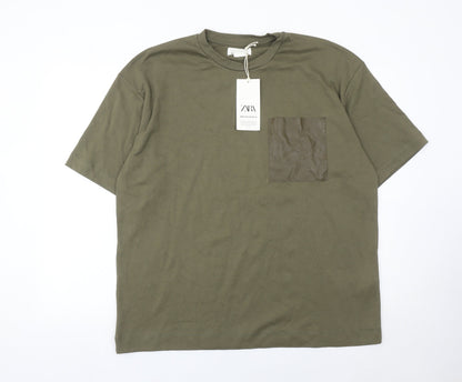 Zara Men Green XL Cotton Crew Neck Short Sleeve T-Shirt
