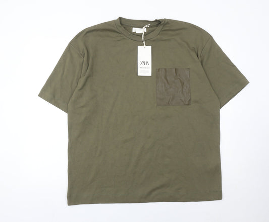 Zara Men Green XL Cotton Crew Neck Short Sleeve T-Shirt