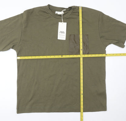 Zara Men Green XL Cotton Crew Neck Short Sleeve T-Shirt