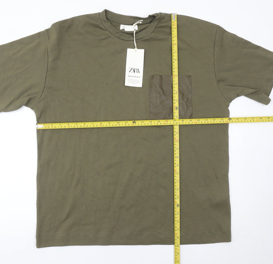 Zara Men Green XL Cotton Crew Neck Short Sleeve T-Shirt