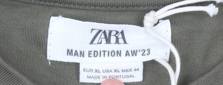Zara Men Green XL Cotton Crew Neck Short Sleeve T-Shirt