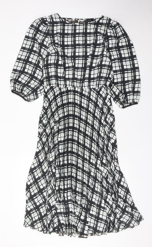 F&F Women’s Black Plaid Midi Dress Size 12 Puff Sleeve A-Line