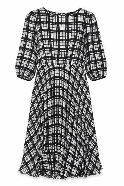 F&F Women’s Black Plaid Midi Dress Size 12 Puff Sleeve A-Line