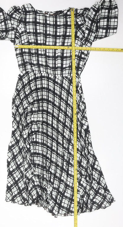 F&F Women’s Black Plaid Midi Dress Size 12 Puff Sleeve A-Line