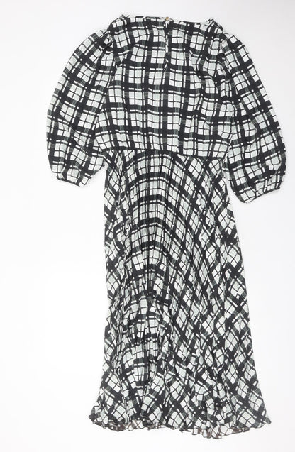 F&F Women’s Black Plaid Midi Dress Size 12 Puff Sleeve A-Line