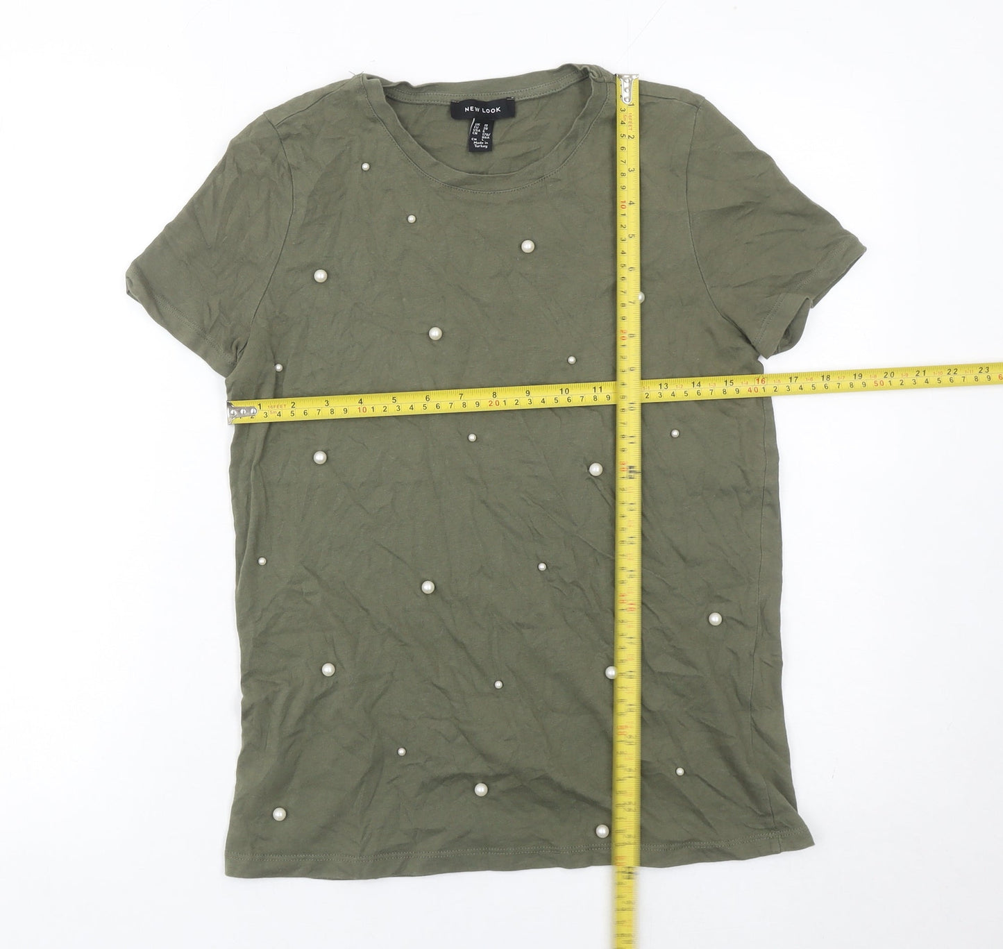 New Look Womens Green Size 10 Beaded Short Sleeve Cotton T-Shirt