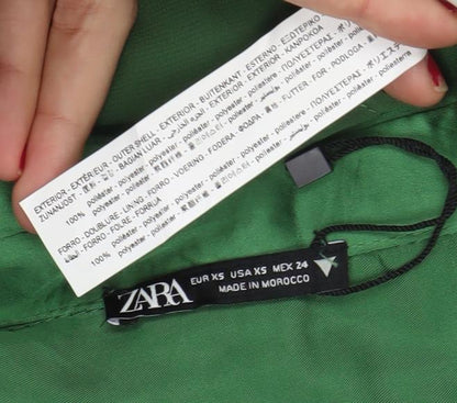 Zara Women Green XS Satin Ruched Shirt Mini Dress Long Sleeve
