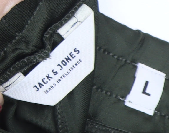 Jack & Jones Men Green Track Pants L Regular Fit Elastic Waist