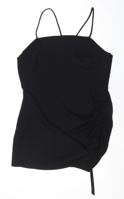 Zara Women Black Slip Mini Dress Size 14 Ruched Strappy Evening