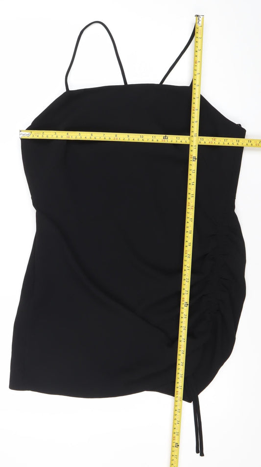 Zara Women Black Slip Mini Dress Size 14 Ruched Strappy Evening