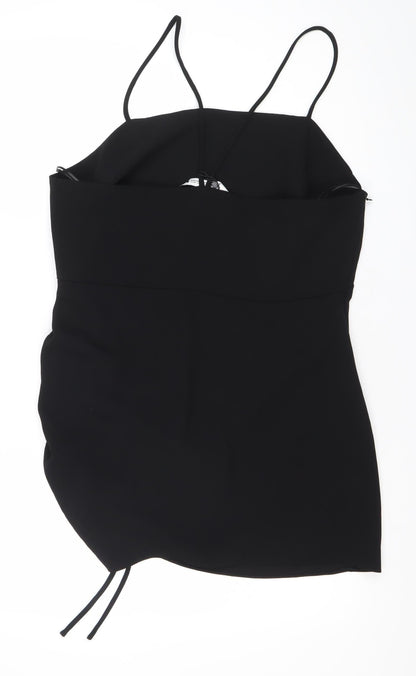 Zara Women Black Slip Mini Dress Size 14 Ruched Strappy Evening