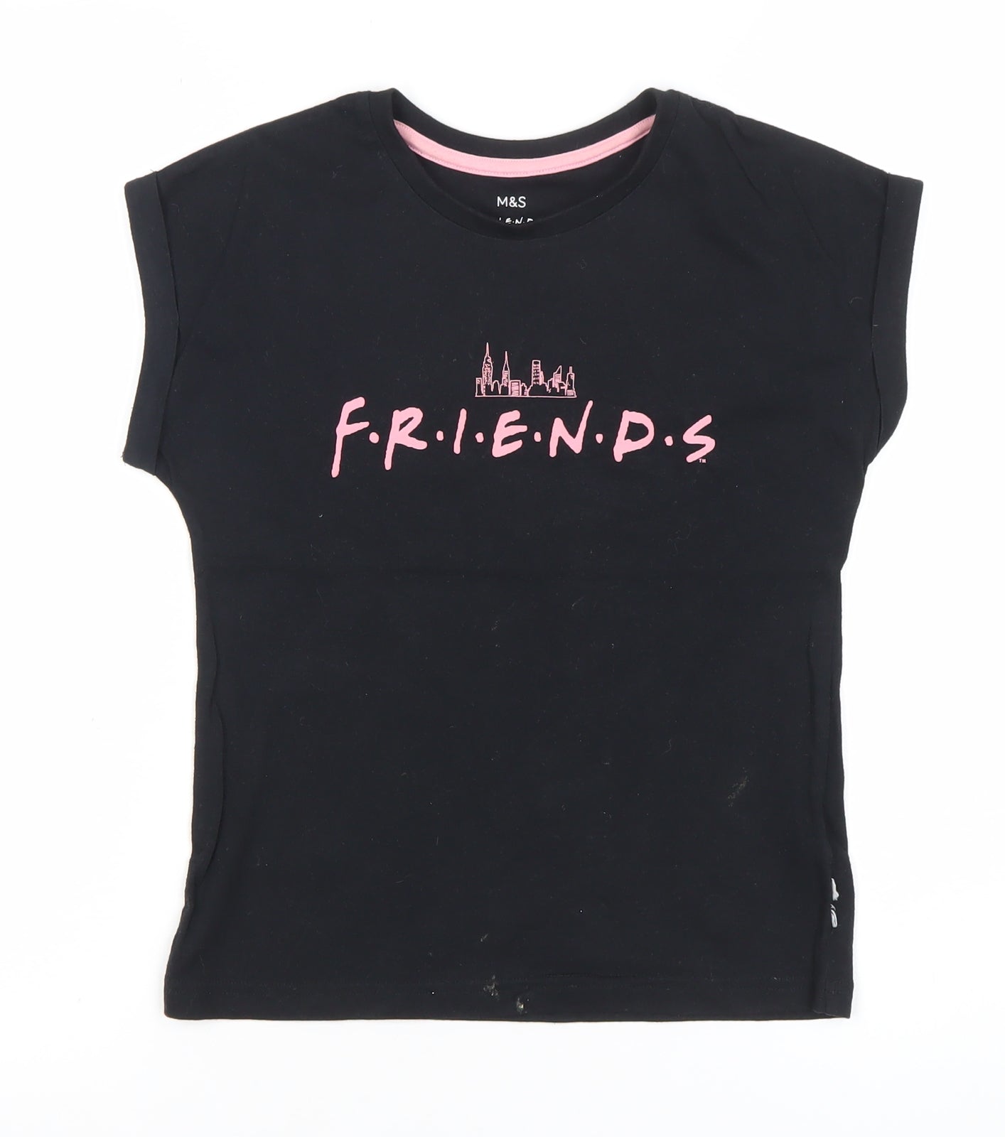 Marks and Spencer Girls Black Friends Logo T-Shirt 8-9 Years Short Sleeve
