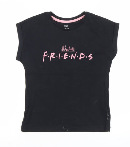 Marks and Spencer Girls Black Friends Logo T-Shirt 8-9 Years Short Sleeve