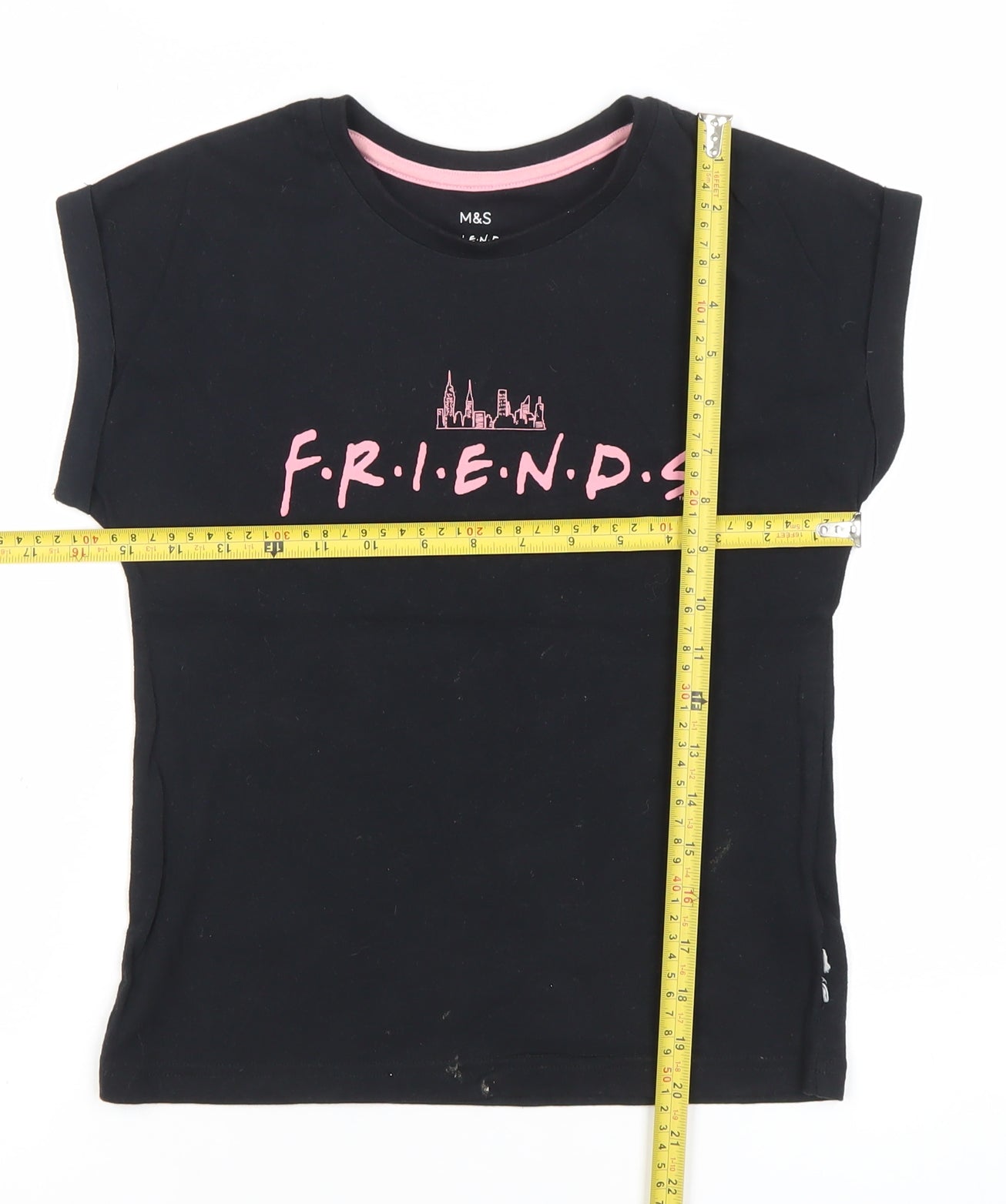 Marks and Spencer Girls Black Friends Logo T-Shirt 8-9 Years Short Sleeve