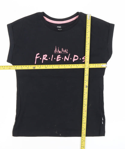 Marks and Spencer Girls Black Friends Logo T-Shirt 8-9 Years Short Sleeve