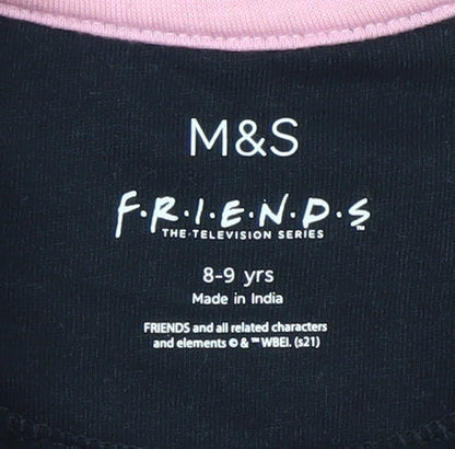 Marks and Spencer Girls Black Friends Logo T-Shirt 8-9 Years Short Sleeve