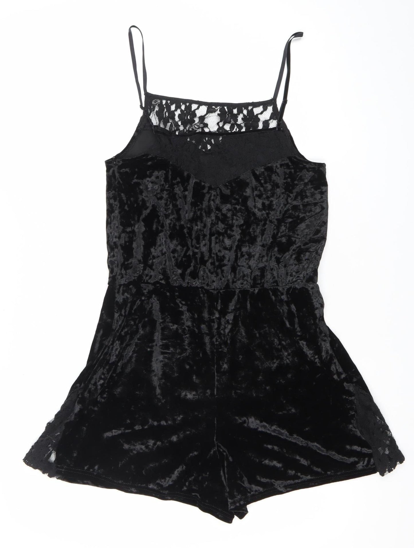 Topshop Womens Black Lace Velvet Playsuit Size 10 V-Neck Strappy